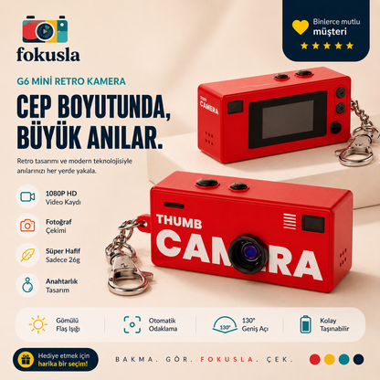 Fokusla G6 Mini Retro Kamera 1984 – Anahtarlık Tasarımlı Fotoğraf ve Video Kamerası