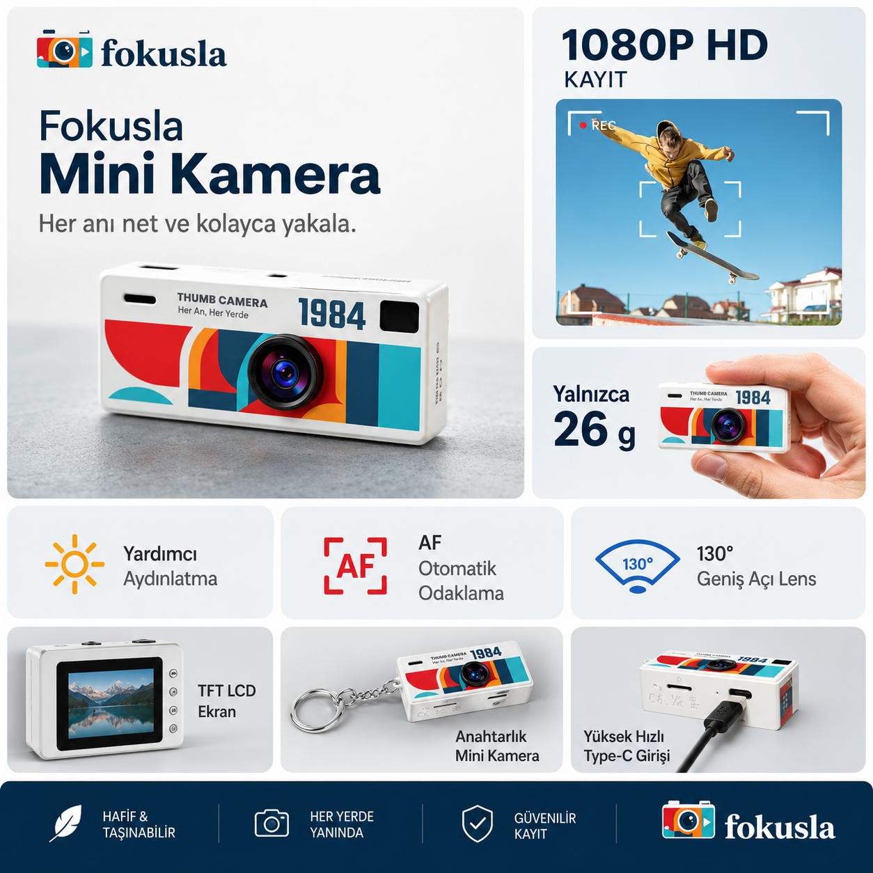 Fokusla G6 Mini Retro Kamera 1984 – Anahtarlık Tasarımlı Fotoğraf ve Video Kamerası