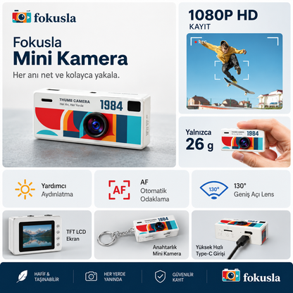 Fokusla G6 Mini Retro Kamera 1984 – Anahtarlık Tasarımlı Fotoğraf ve Video Kamerası